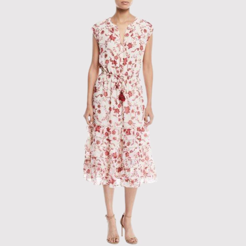 Rebecca Minkoff Womens Dress Pink Sophie Tiered Floral Midi Fit Flare Size XL